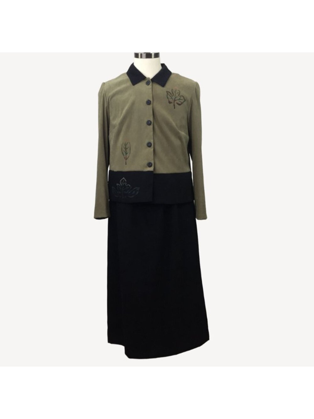 Vintage Lady Dorby Women 2 Pc Set Black Dress Green Jacket Stamped Leaf Size 16W - Picture 3 of 16
